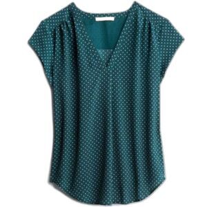 Fit 2 Fun Green & White Polka Dots Blouse Pull-Over V-Neck Cup Sleeve Size MP